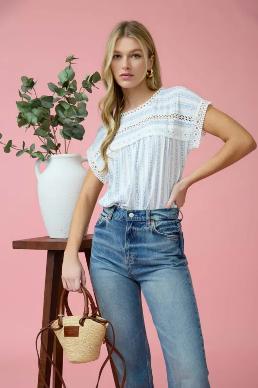STRIPE FLORAL PATTERN BATWING SHORT SLEEVE TOP sold by Blu Pepper
