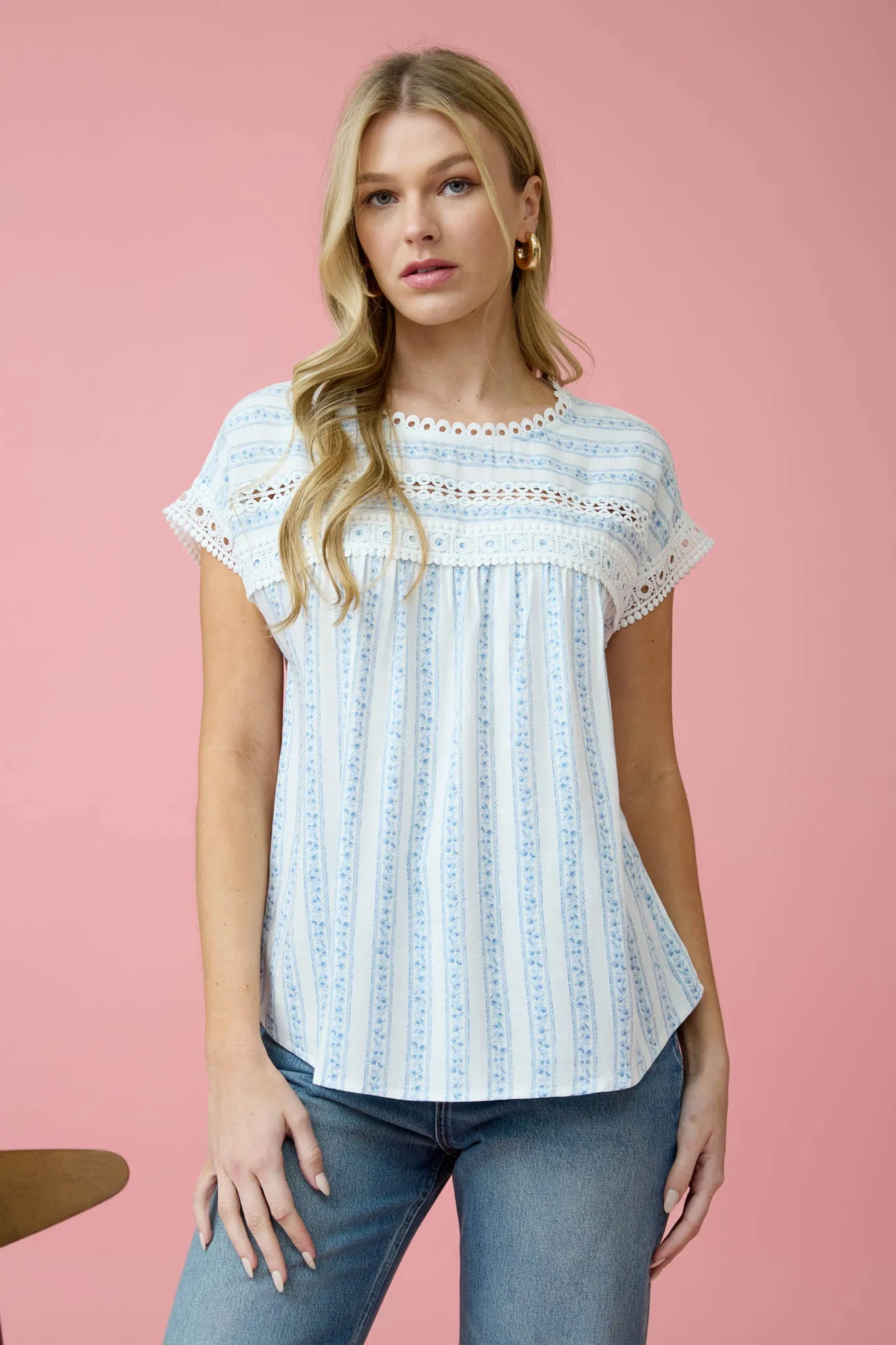 STRIPE FLORAL PATTERN BATWING SHORT SLEEVE TOP sold by Blu Pepper product image thumbnail 5