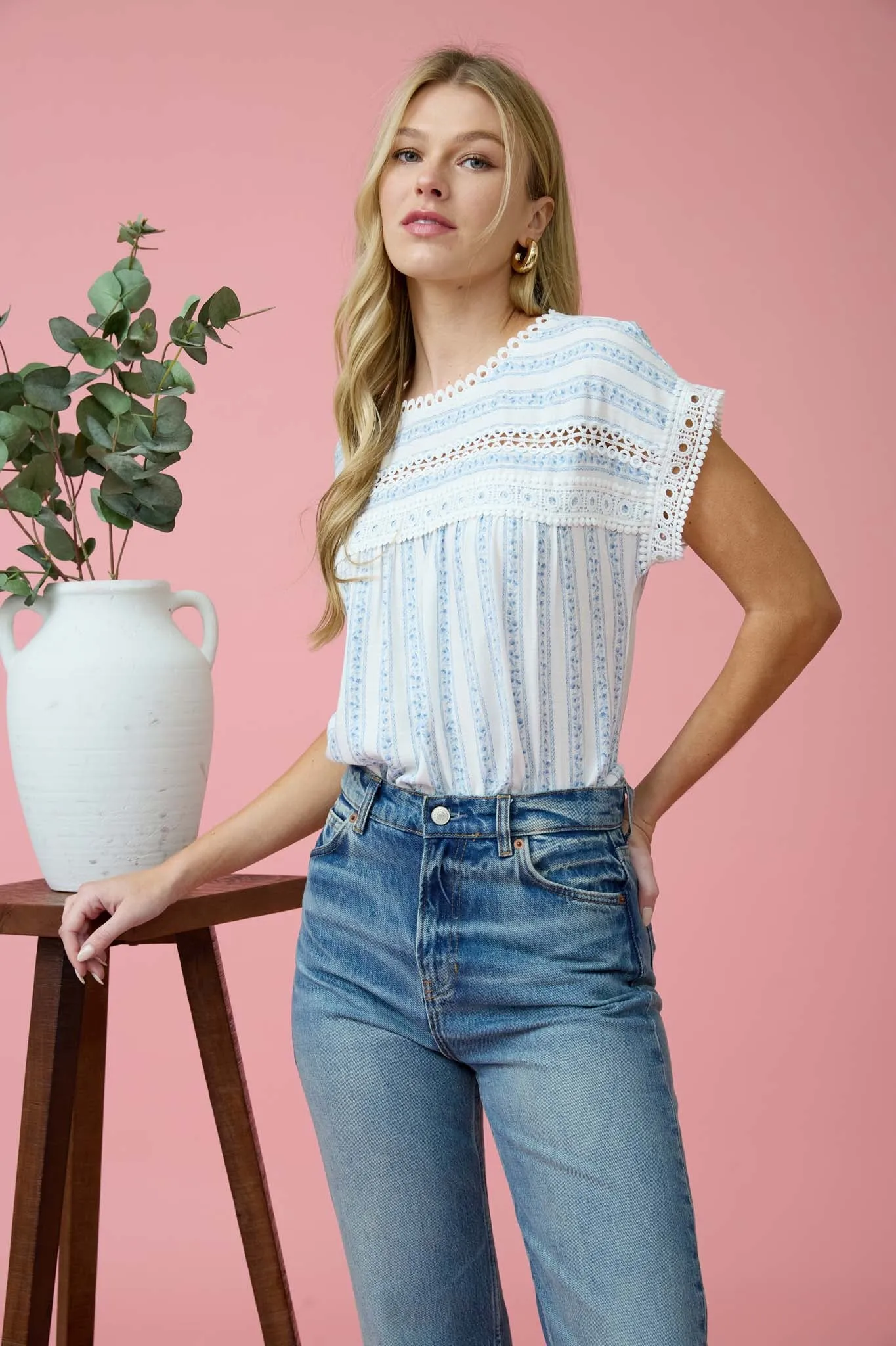 STRIPE FLORAL PATTERN BATWING SHORT SLEEVE TOP sold by Blu Pepper product image thumbnail 4