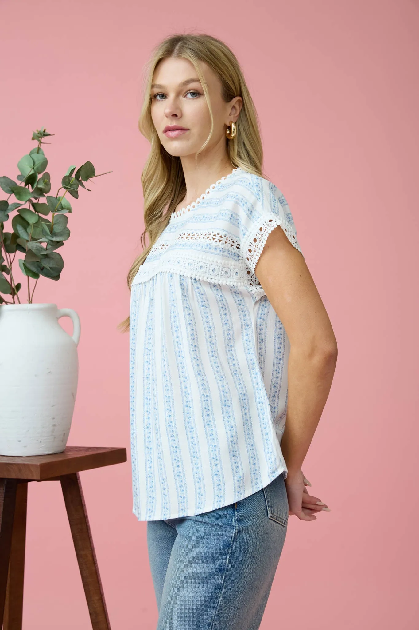 STRIPE FLORAL PATTERN BATWING SHORT SLEEVE TOP sold by Blu Pepper product image thumbnail 3