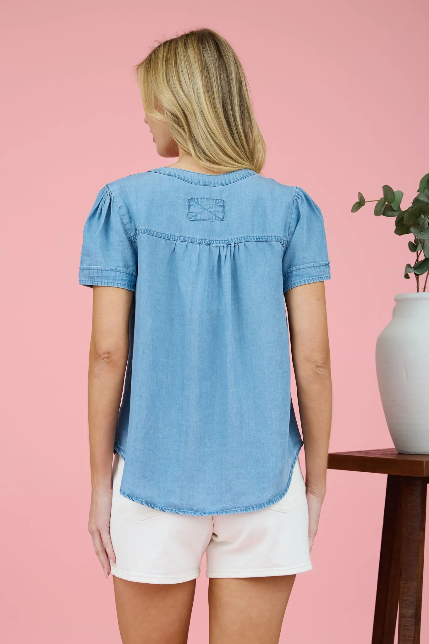 CHAMBRAY HALF BUTTON YOKE DETAIL BLOUSE (PRE-ORDER) sold by Blu Pepper product image thumbnail 2