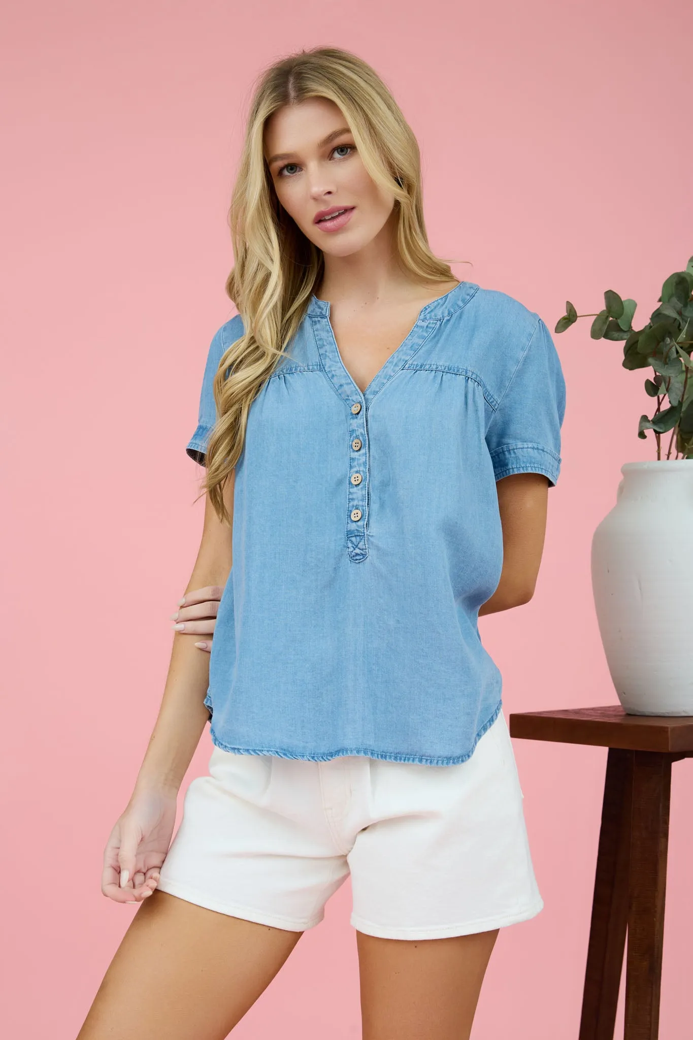 CHAMBRAY HALF BUTTON YOKE DETAIL BLOUSE (PRE-ORDER) sold by Blu Pepper product image thumbnail 4