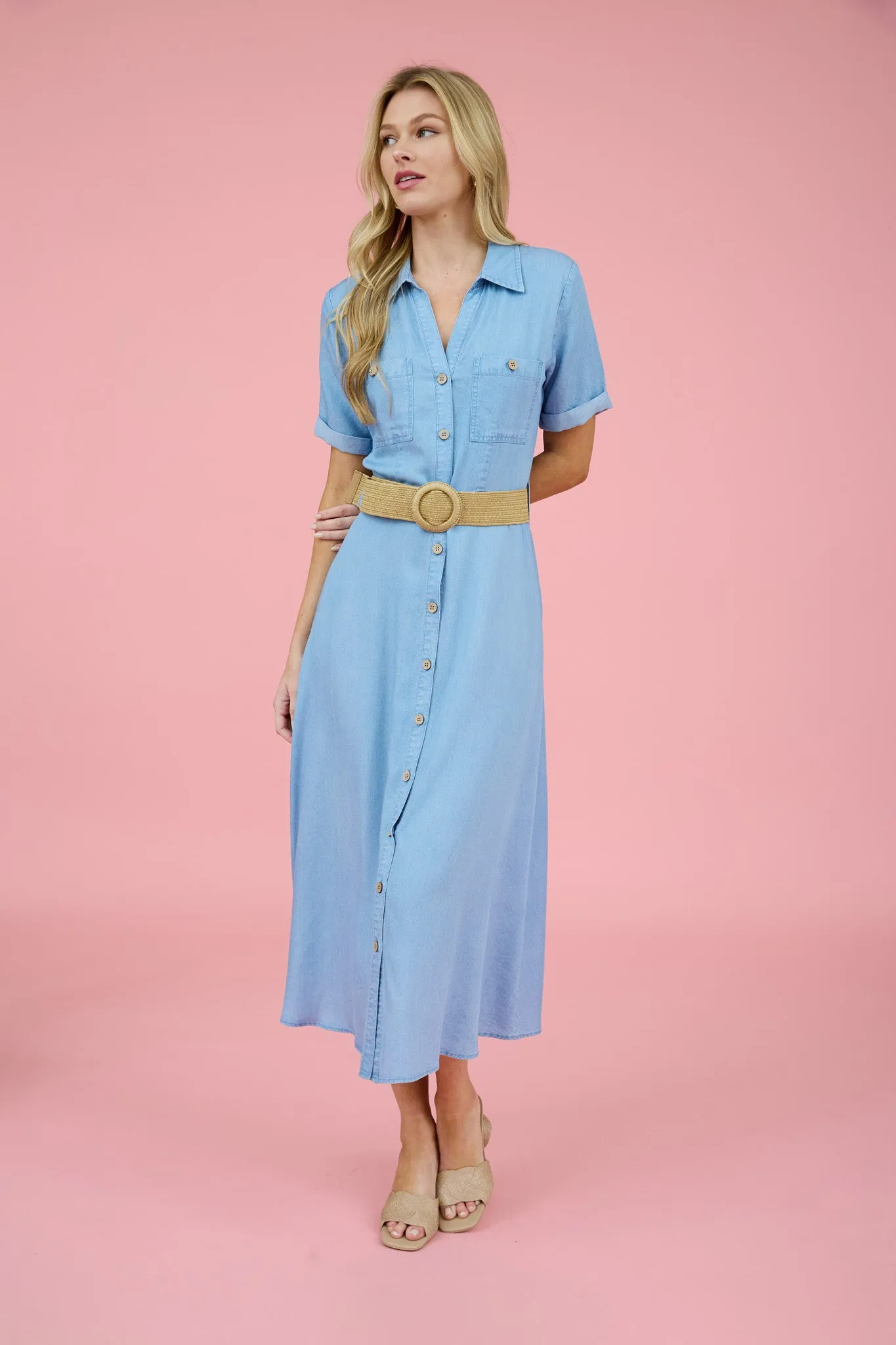 CHAMBRAY COLLARED BELTED BUTTON DOWN MIDI DRESS sold by Blu Pepper product image thumbnail 5