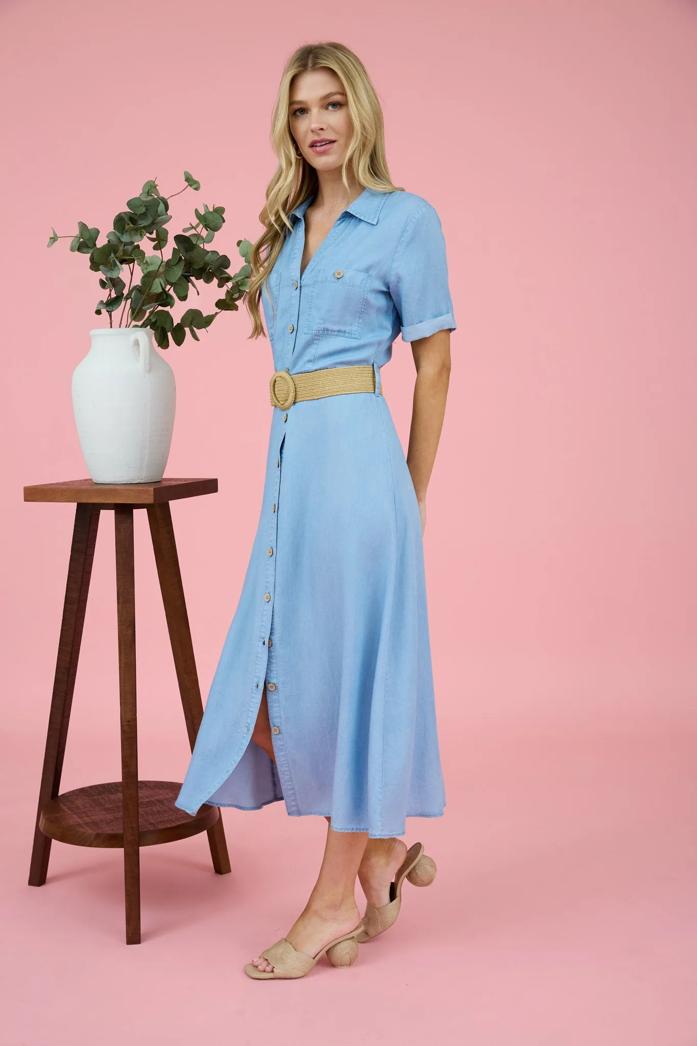 CHAMBRAY COLLARED BELTED BUTTON DOWN MIDI DRESS sold by Blu Pepper product image thumbnail 3