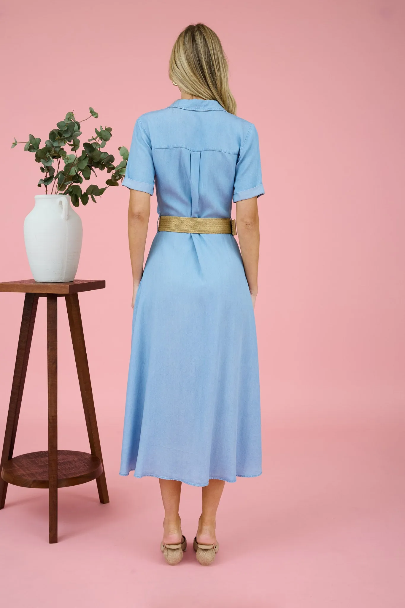 CHAMBRAY COLLARED BELTED BUTTON DOWN MIDI DRESS sold by Blu Pepper product image thumbnail 2