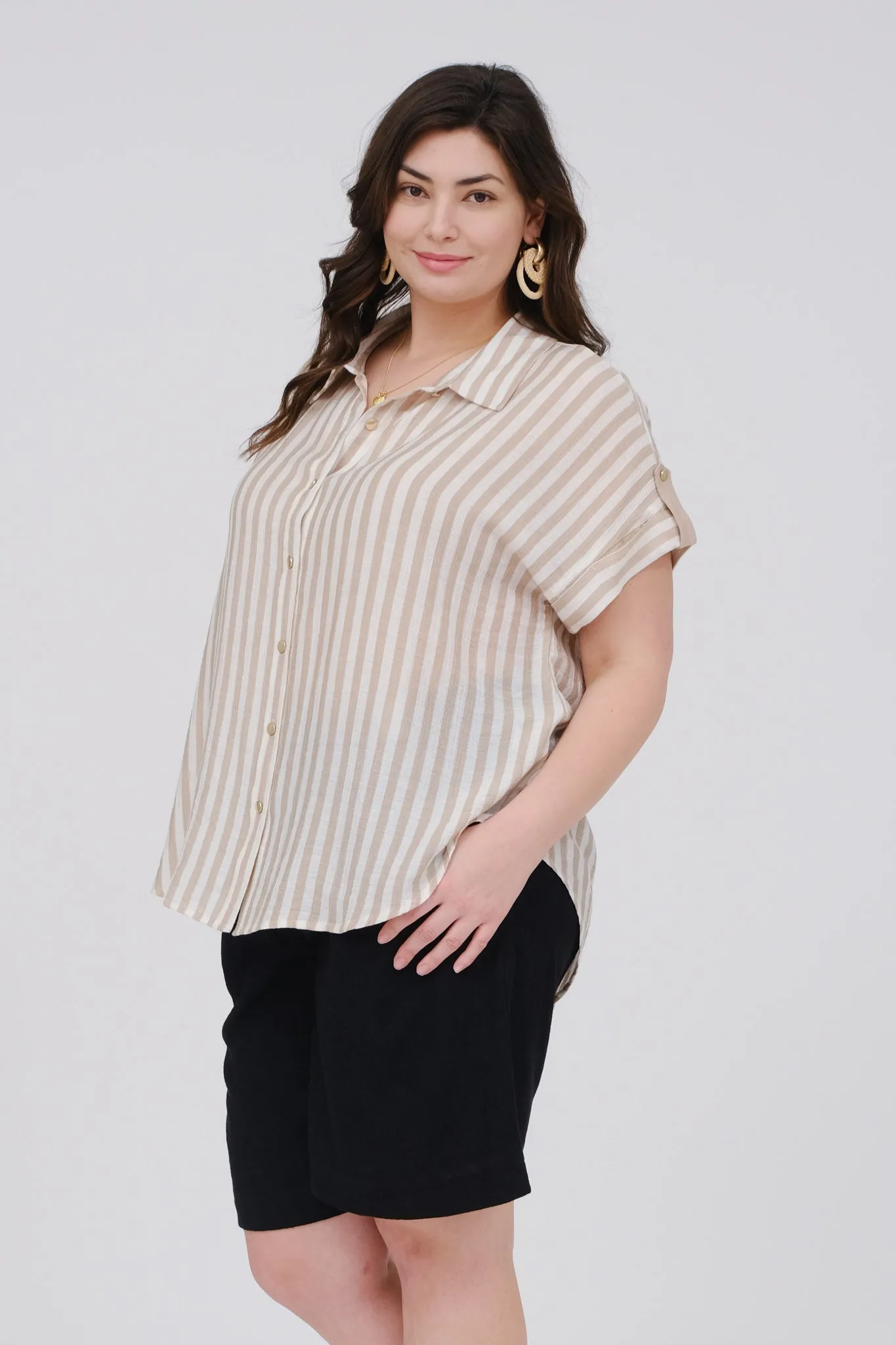 PLUS STRIPE SHORT TAB SLEEVE BUTTON DOWN SHIRT sold by Blu Pepper product image thumbnail 3