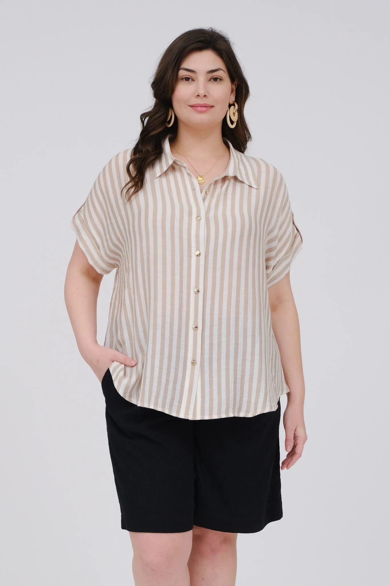 PLUS STRIPE SHORT TAB SLEEVE BUTTON DOWN SHIRT sold by Blu Pepper