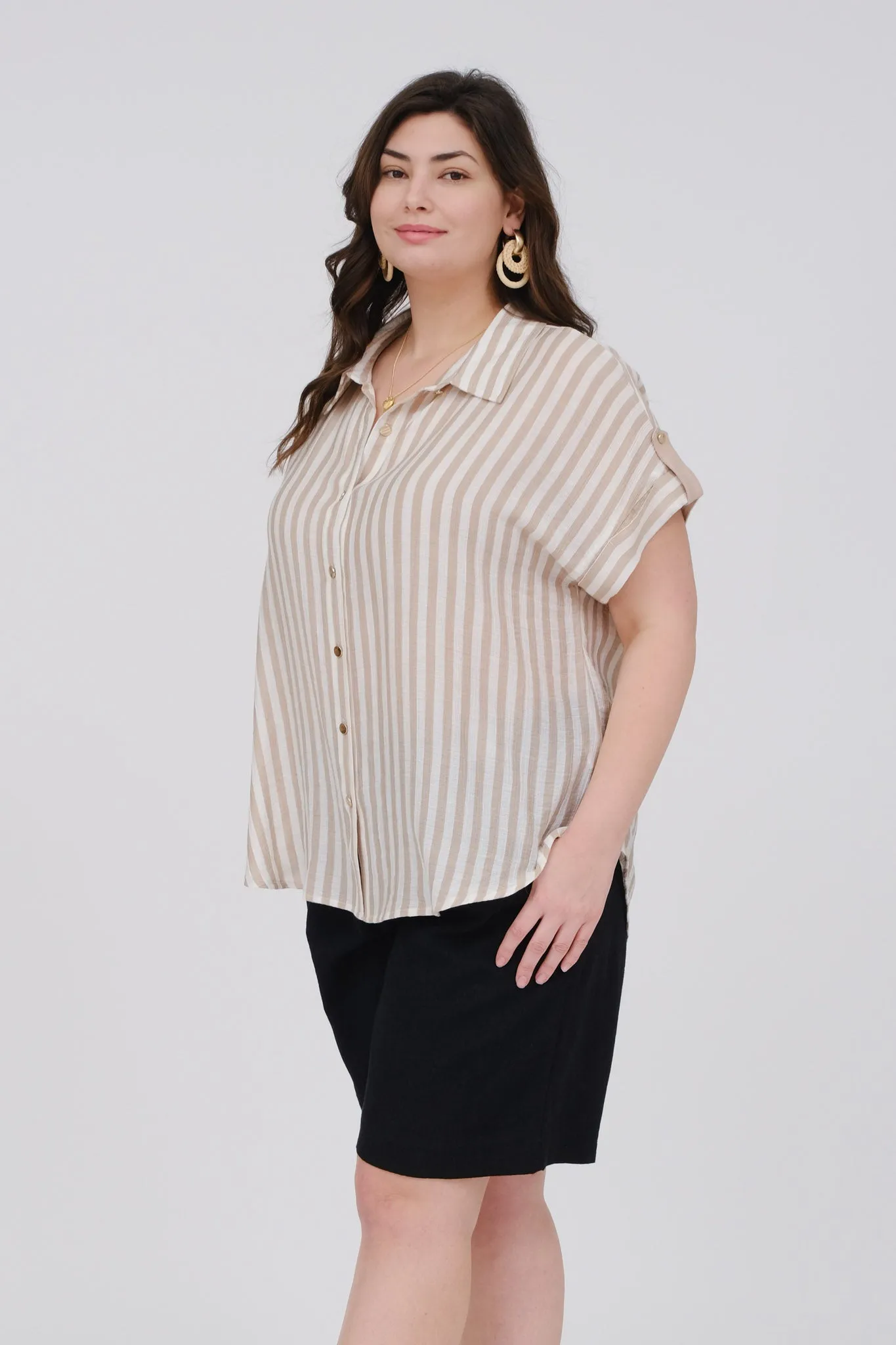 PLUS STRIPE SHORT TAB SLEEVE BUTTON DOWN SHIRT sold by Blu Pepper product image thumbnail 5
