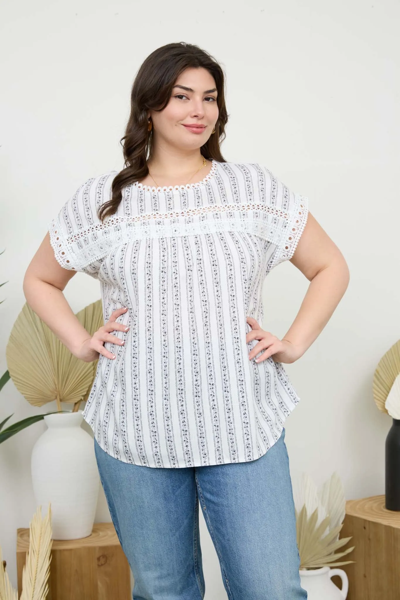 PLUS STRIPE FLORAL BATWING SHORT SLEEVE TOP sold by Blu Pepper product image thumbnail 5