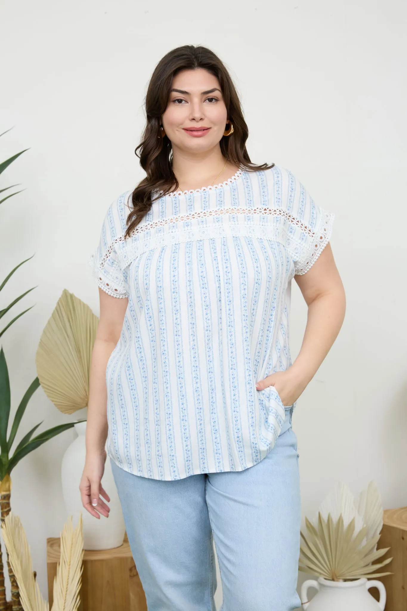 PLUS STRIPE FLORAL BATWING SHORT SLEEVE TOP sold by Blu Pepper