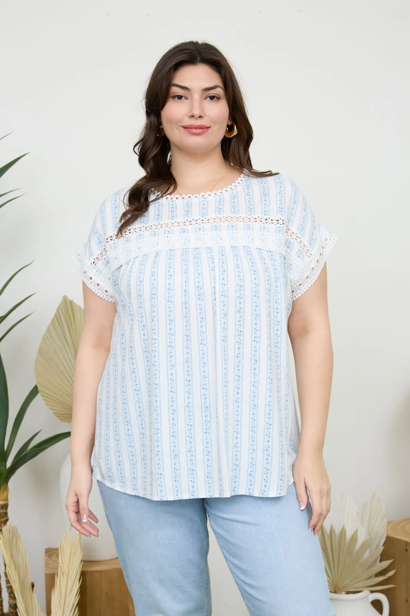 PLUS STRIPE FLORAL BATWING SHORT SLEEVE TOP sold by Blu Pepper product image thumbnail 4