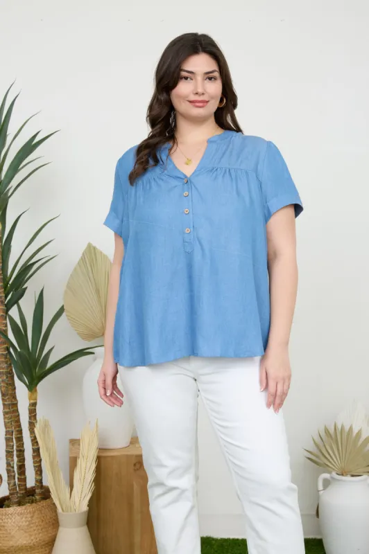 PLUS CHAMBRAY HALF BUTTON YOKE DETAIL BLOUSE (PRE-ORDER) sold by Blu Pepper