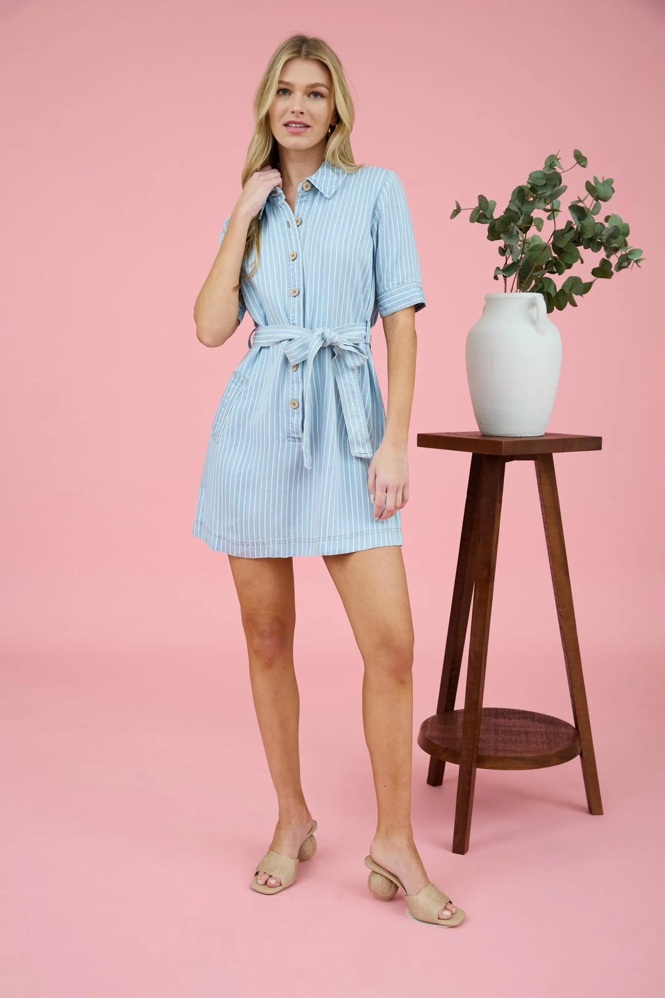 PINSTRIPE COLLARED HALF SLEEVE MINI SHIRT DRESS sold by Blu Pepper product image thumbnail 5