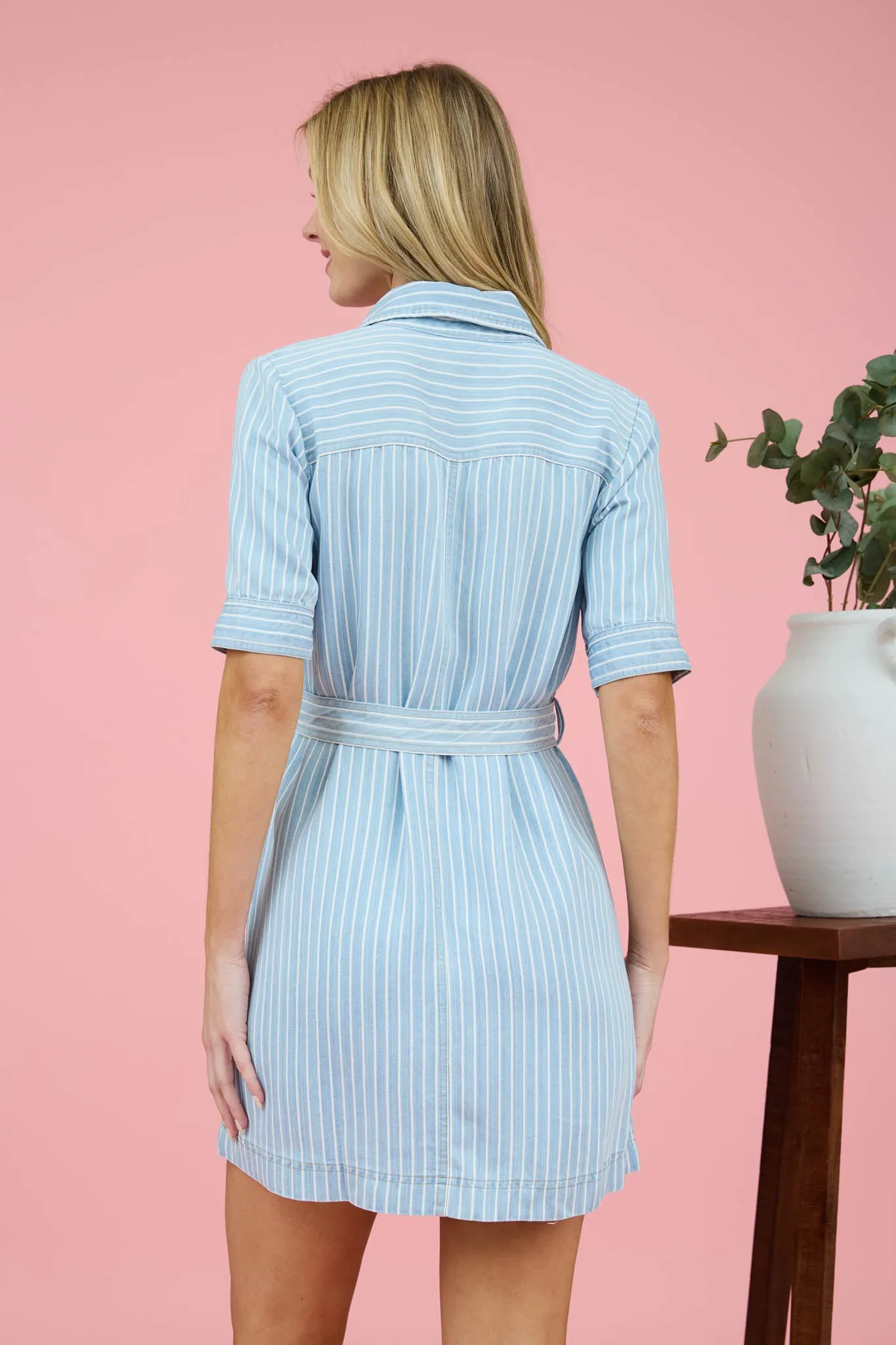 PINSTRIPE COLLARED HALF SLEEVE MINI SHIRT DRESS sold by Blu Pepper product image thumbnail 2
