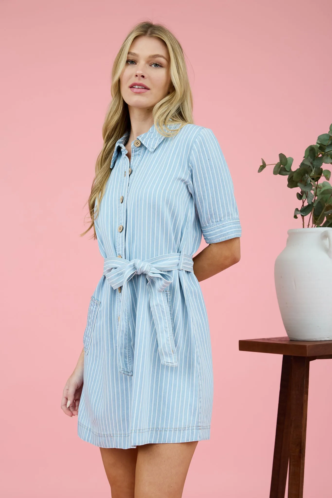 PINSTRIPE COLLARED HALF SLEEVE MINI SHIRT DRESS sold by Blu Pepper product image thumbnail 3