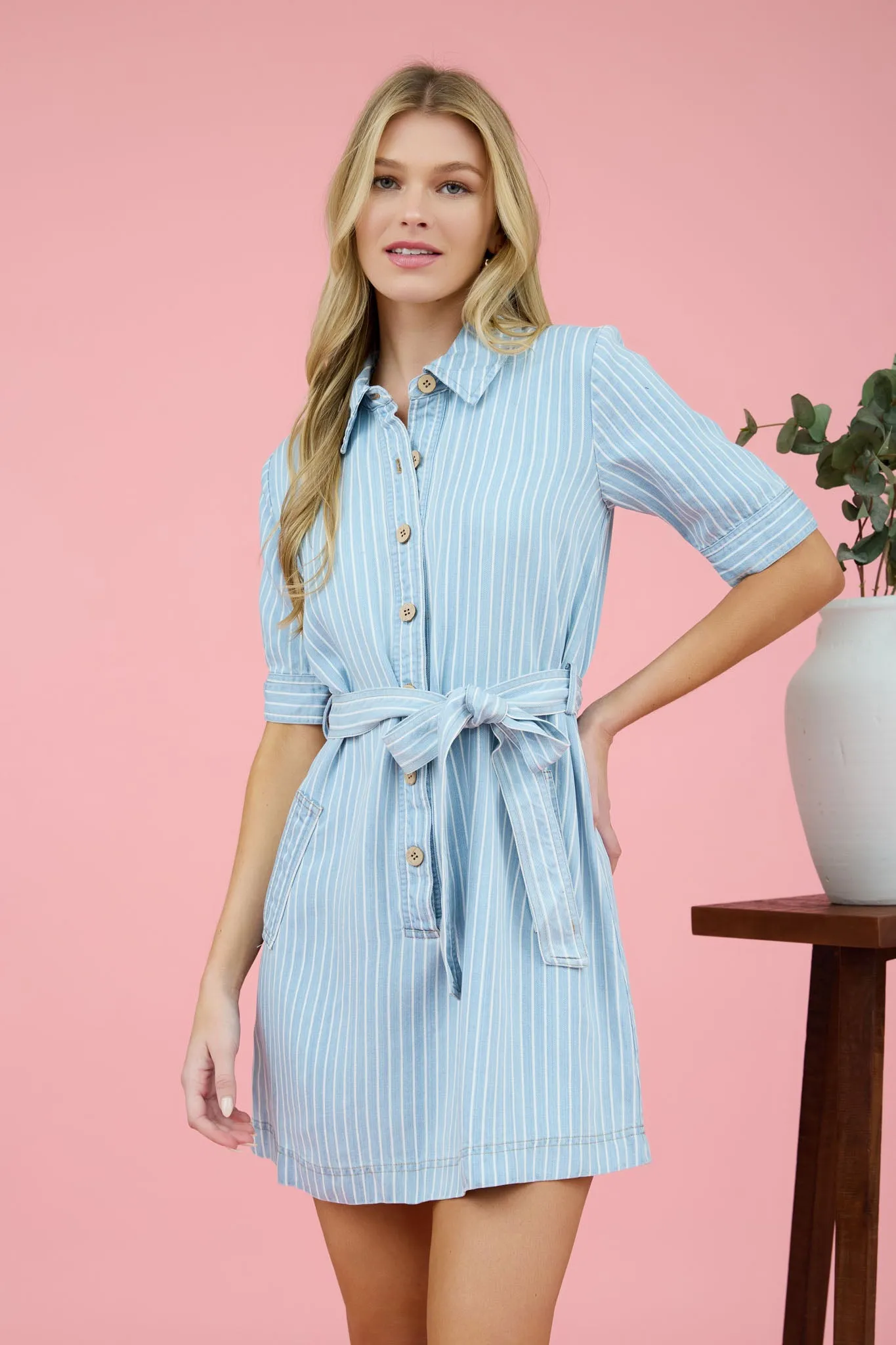 PINSTRIPE COLLARED HALF SLEEVE MINI SHIRT DRESS sold by Blu Pepper product image thumbnail 4