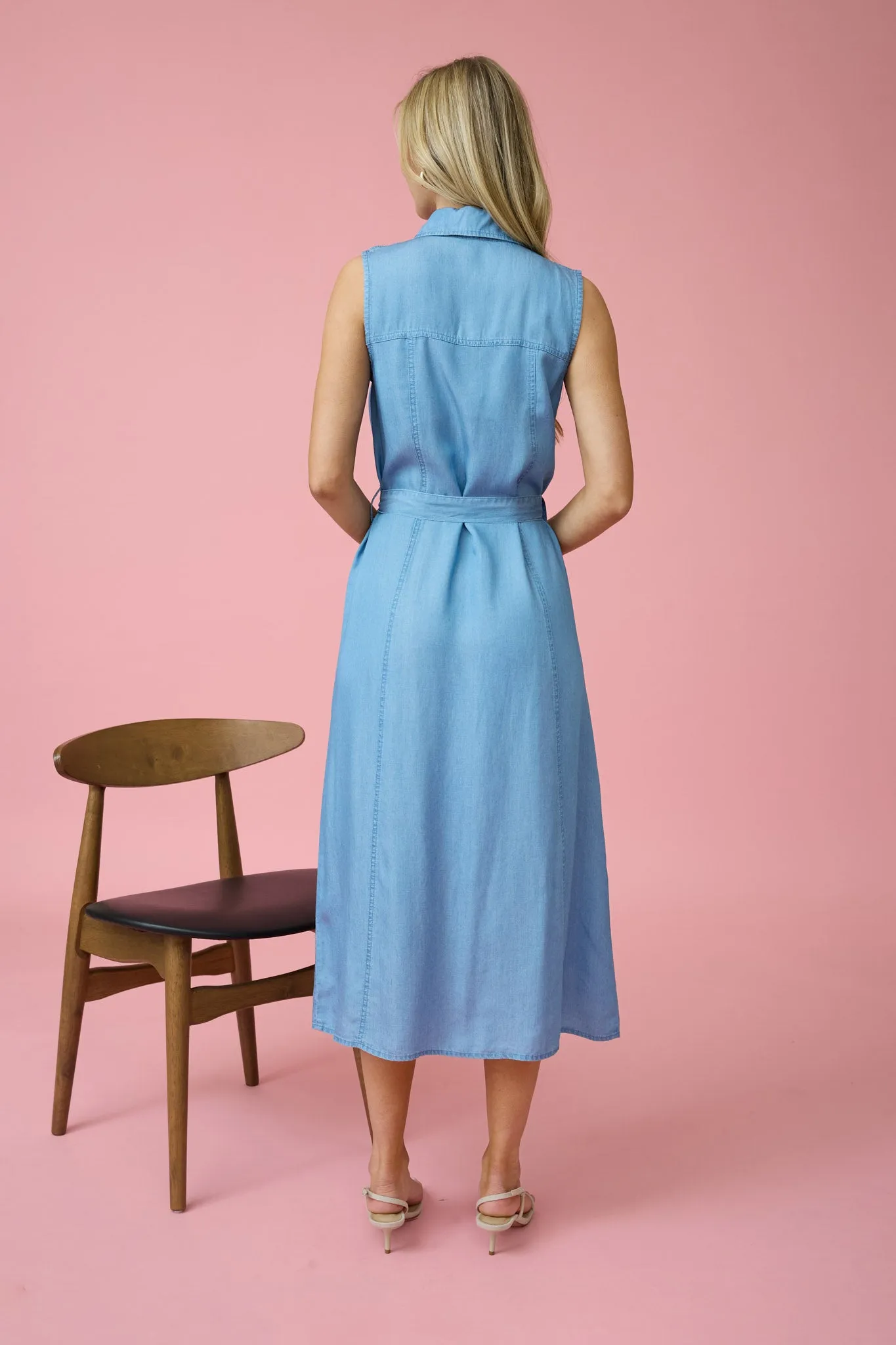 COLLARED SLEEVELESS BELTED CHAMBRAY MIDI DRESS sold by Blu Pepper product image thumbnail 2
