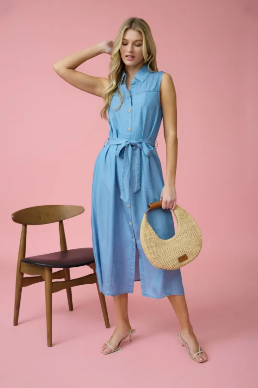 COLLARED SLEEVELESS BELTED CHAMBRAY MIDI DRESS sold by Blu Pepper