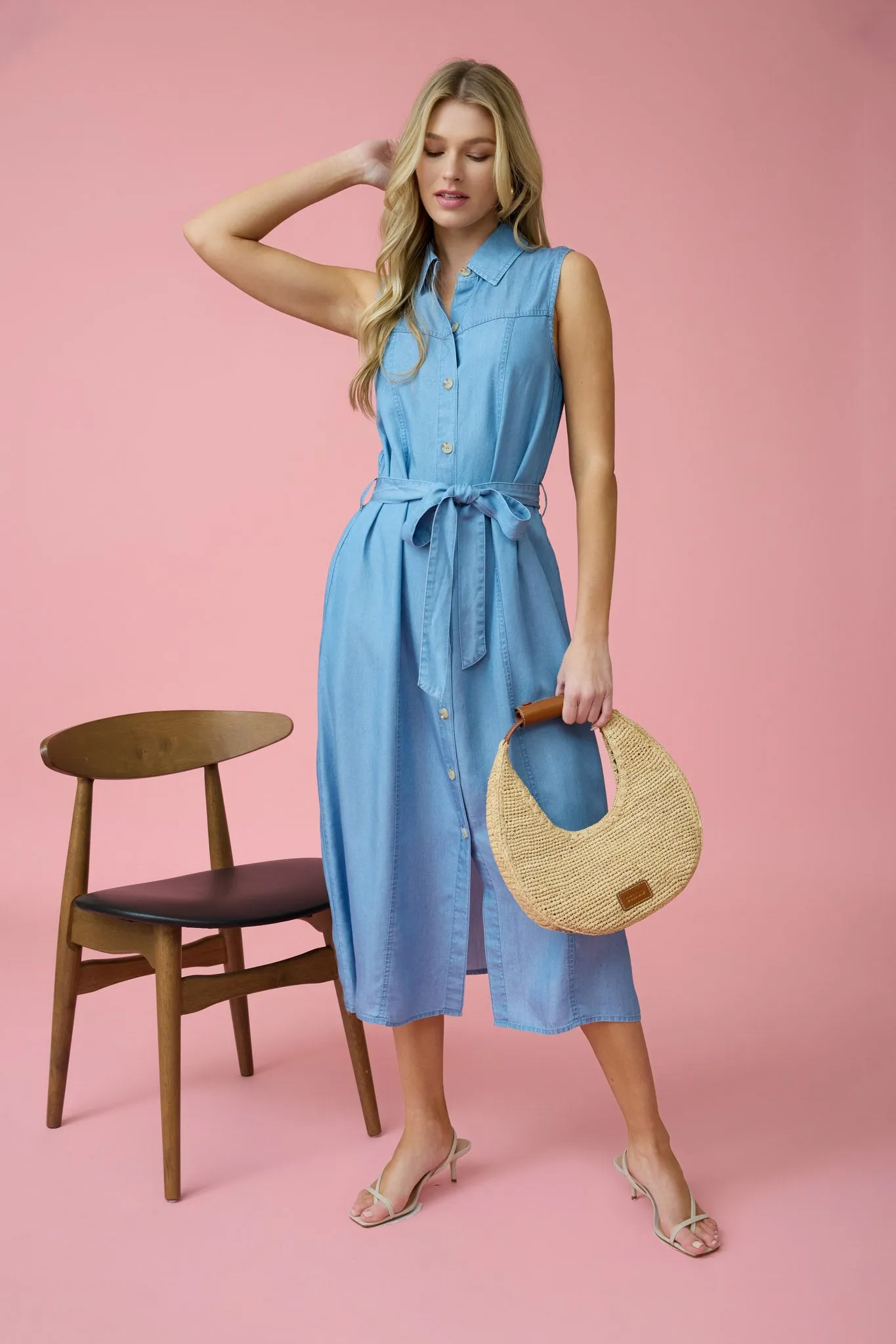 COLLARED SLEEVELESS BELTED CHAMBRAY MIDI DRESS sold by Blu Pepper