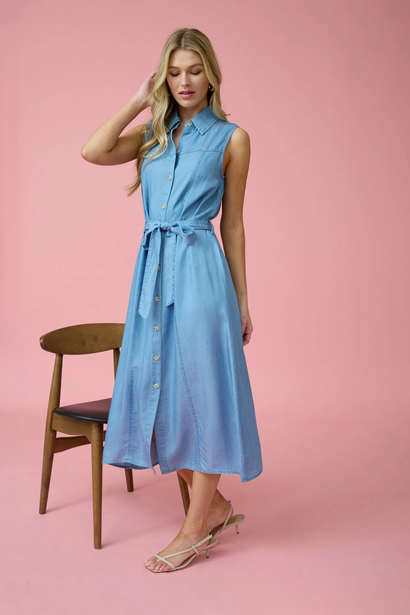 COLLARED SLEEVELESS BELTED CHAMBRAY MIDI DRESS sold by Blu Pepper product image thumbnail 4