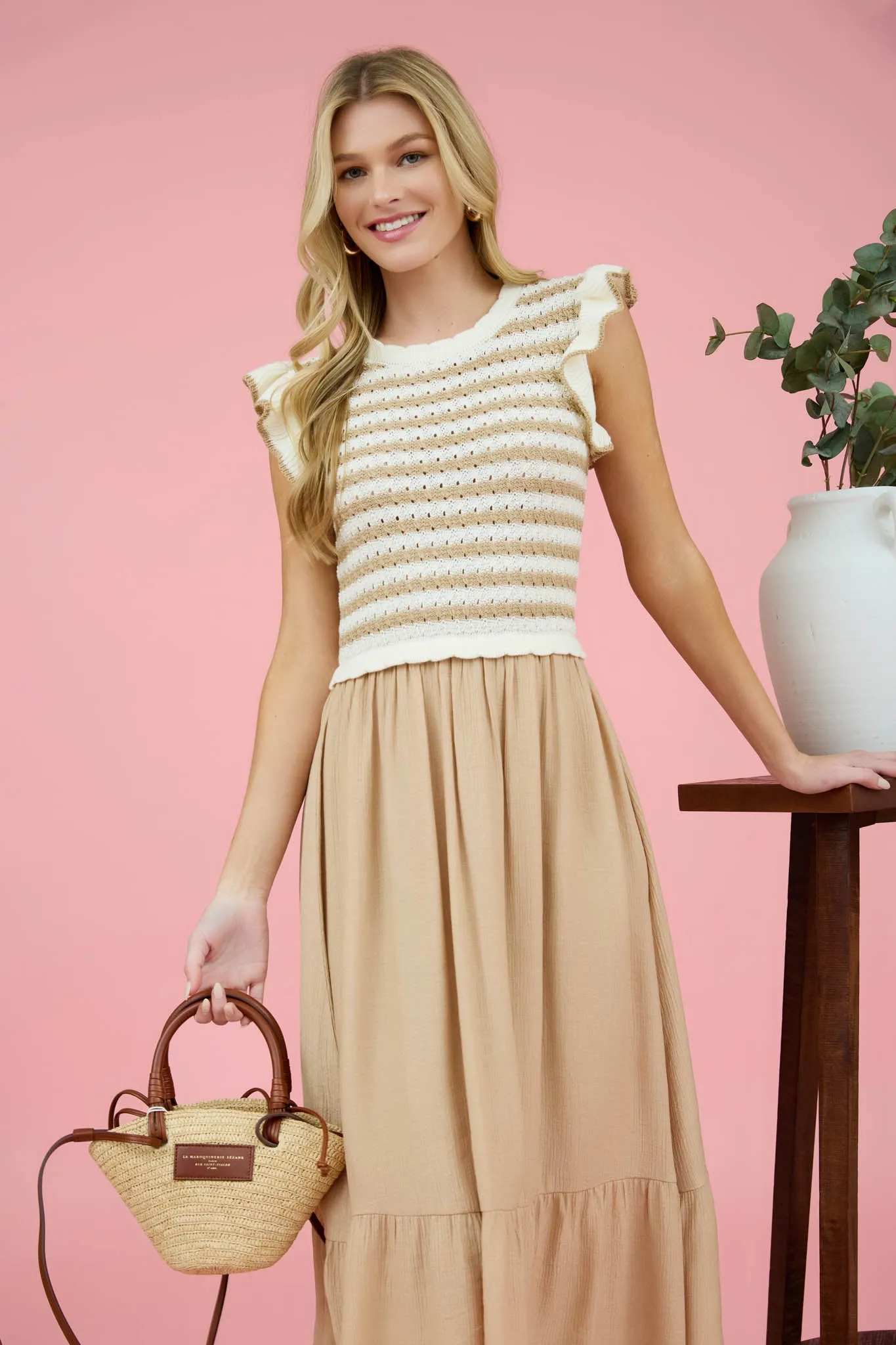 STRIPE SWEATER TOP MIXED MEDIA MIDI DRESS sold by Blu Pepper