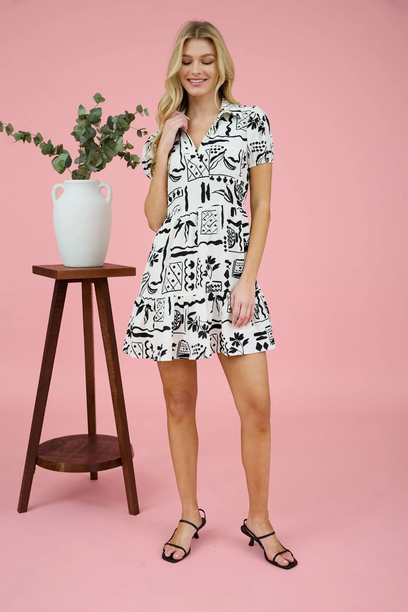 LINE ART PRINT SHORT PUFF SLEEVE MINI DRESS sold by Blu Pepper product image thumbnail 5