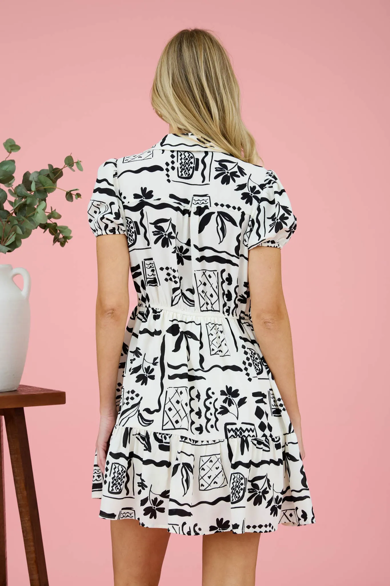 LINE ART PRINT SHORT PUFF SLEEVE MINI DRESS sold by Blu Pepper product image thumbnail 2