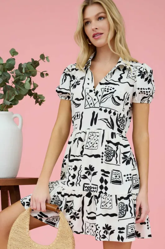 LINE ART PRINT SHORT PUFF SLEEVE MINI DRESS sold by Blu Pepper