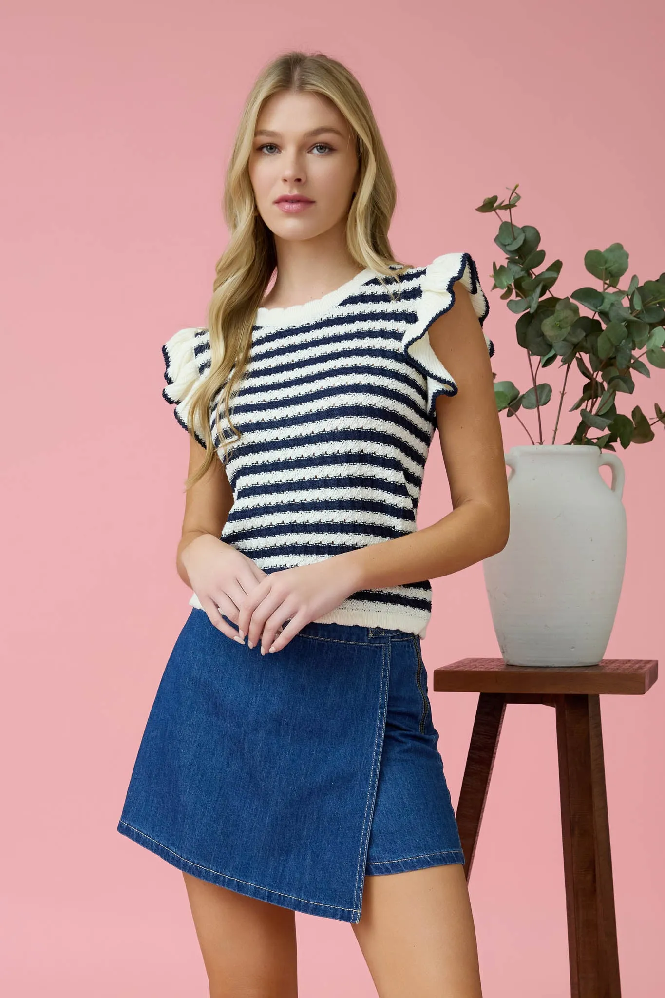STRIPE SHORT RUFFLE SLEEVE SWEATER KNIT TOP sold by Blu Pepper product image thumbnail 4