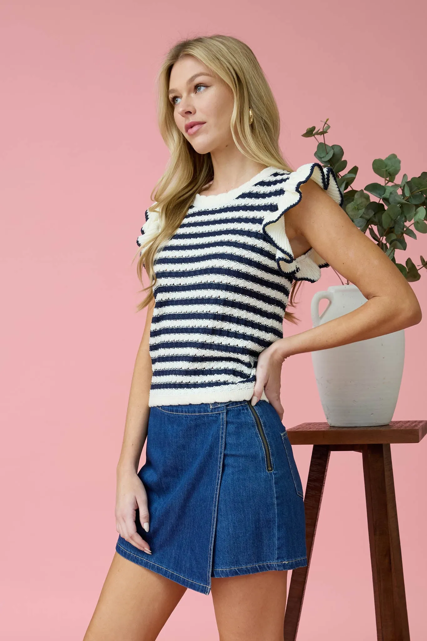 STRIPE SHORT RUFFLE SLEEVE SWEATER KNIT TOP sold by Blu Pepper product image thumbnail 3