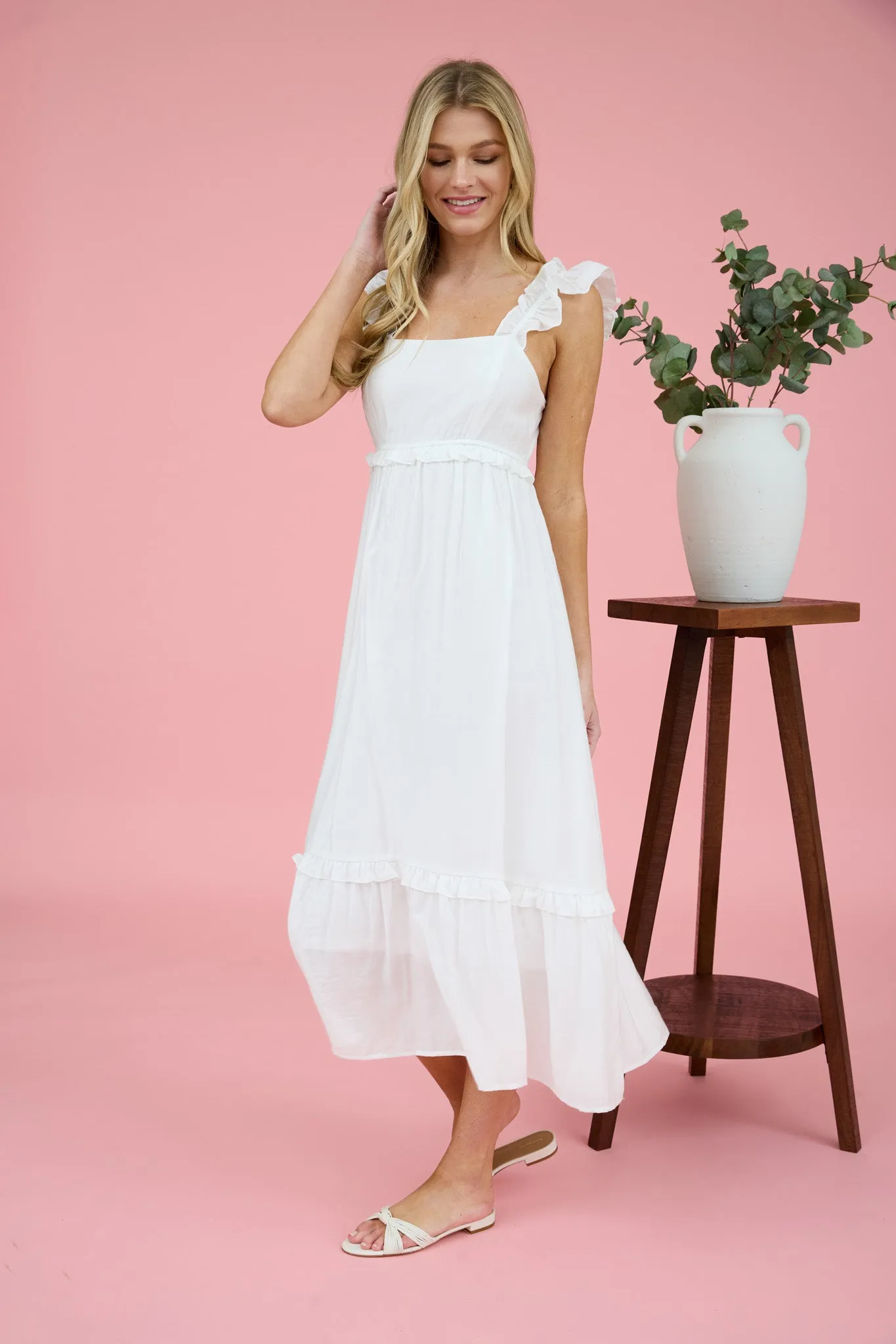 RUFFLE DETAIL EMPIRE WAIST SLEEVELESS MIDI DRESS sold by Blu Pepper product image thumbnail 4