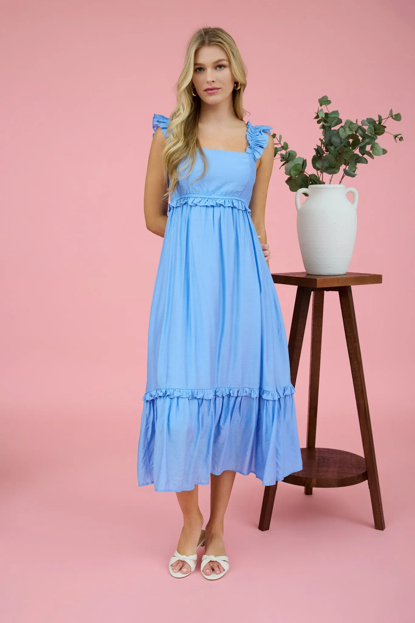 RUFFLE DETAIL EMPIRE WAIST SLEEVELESS MIDI DRESS sold by Blu Pepper product image thumbnail 5