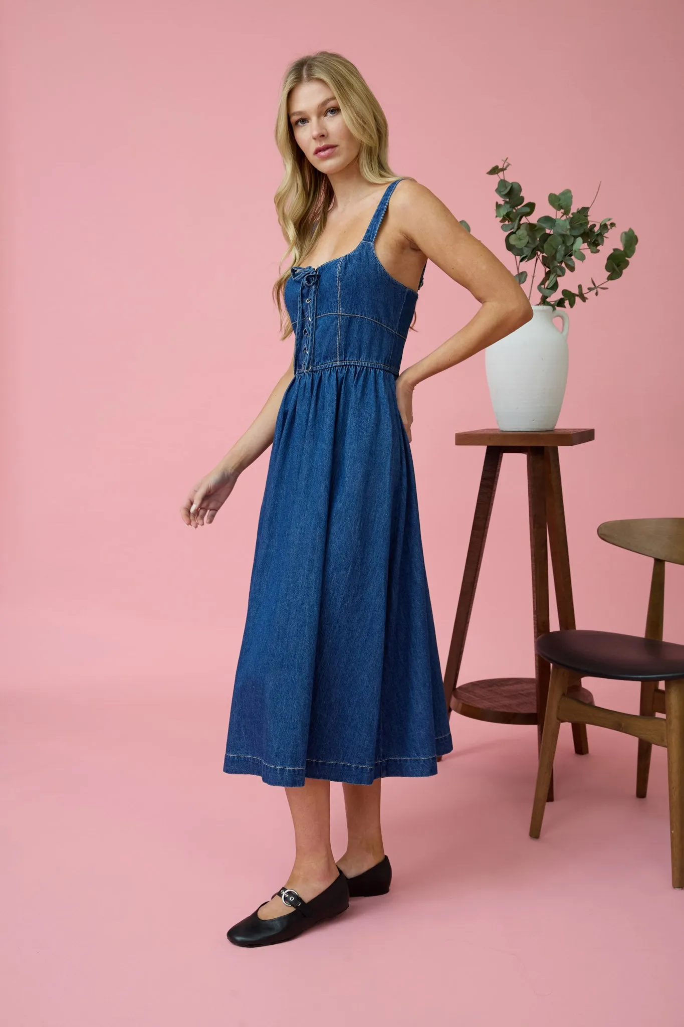 LACE UP SLEEVELESS DENIM MIDI DRESS sold by Blu Pepper product image thumbnail 3