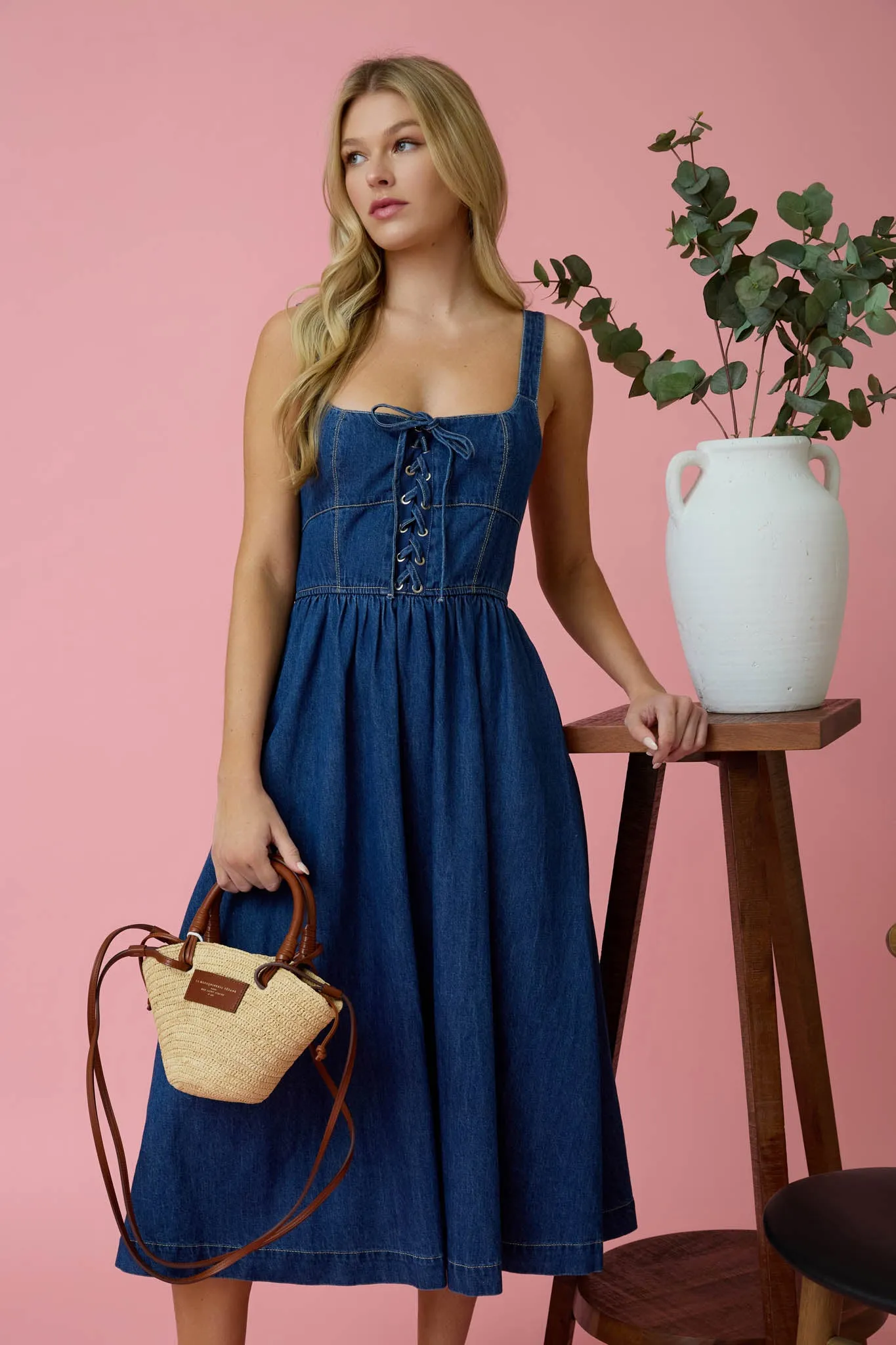 LACE UP SLEEVELESS DENIM MIDI DRESS sold by Blu Pepper