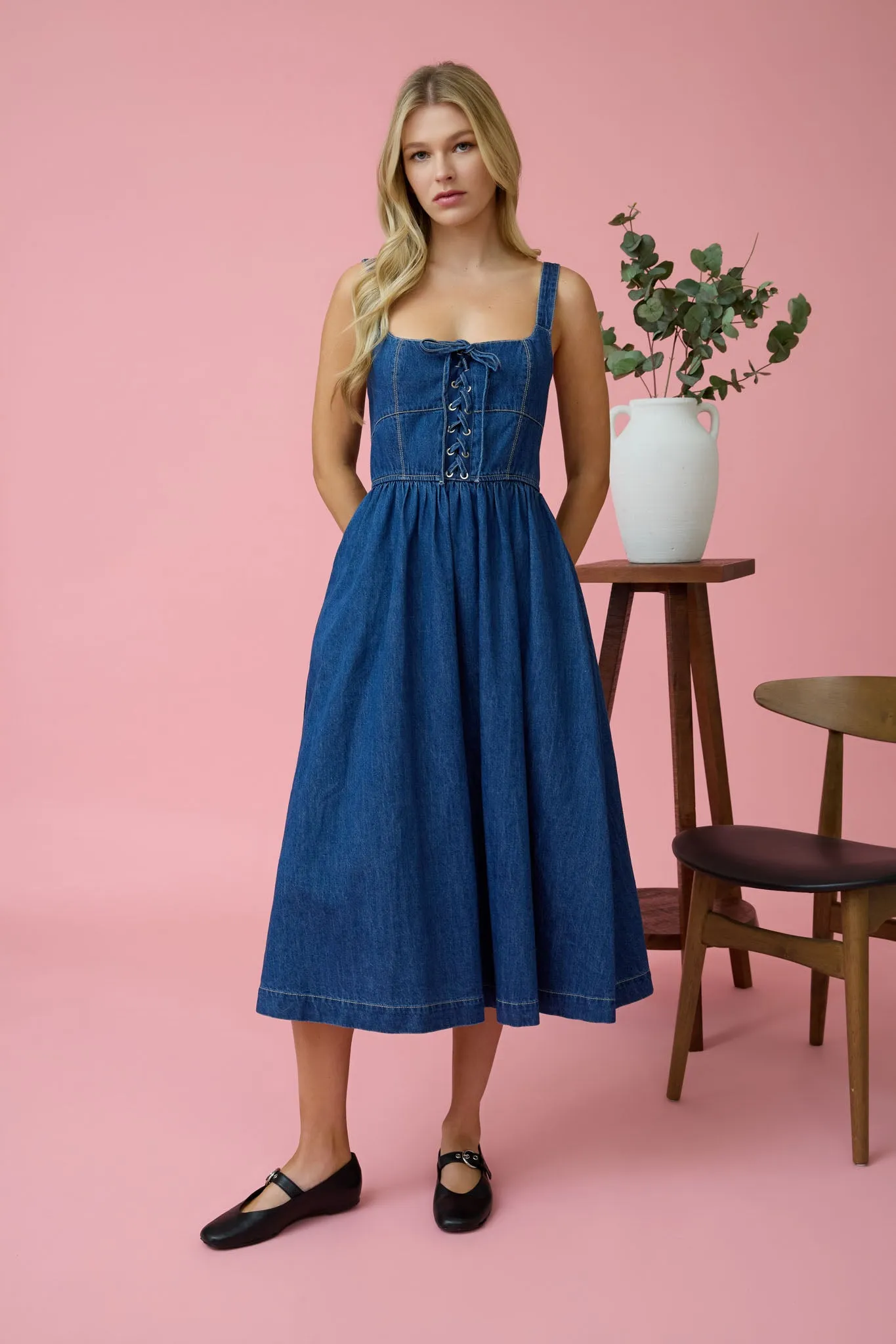 LACE UP SLEEVELESS DENIM MIDI DRESS sold by Blu Pepper product image thumbnail 5