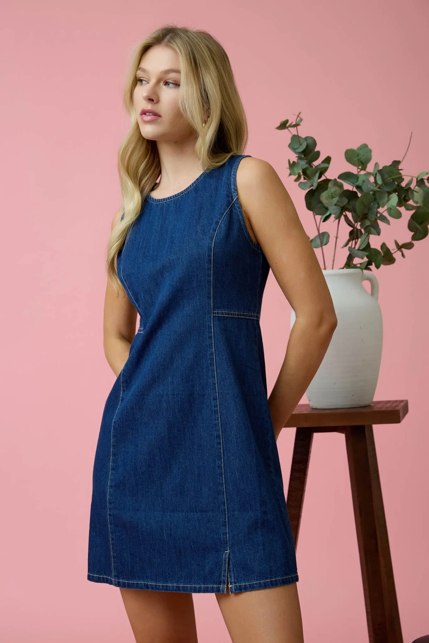 ROUND NECK SLEEVELESS DENIM MINI DRESS sold by Blu Pepper product image thumbnail 4