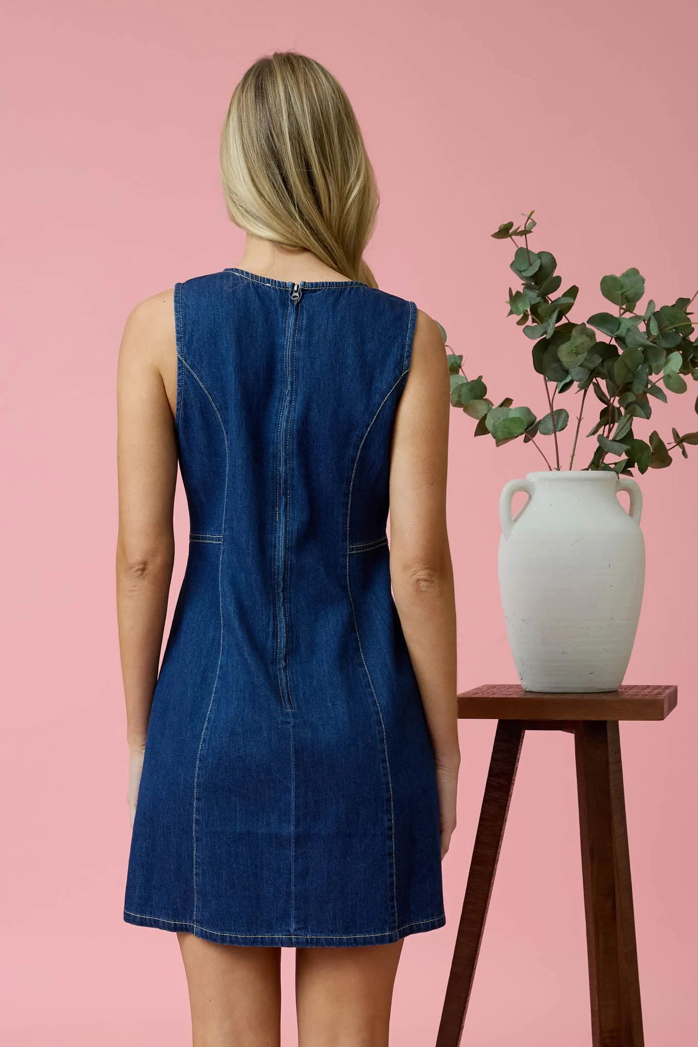 ROUND NECK SLEEVELESS DENIM MINI DRESS sold by Blu Pepper product image thumbnail 2