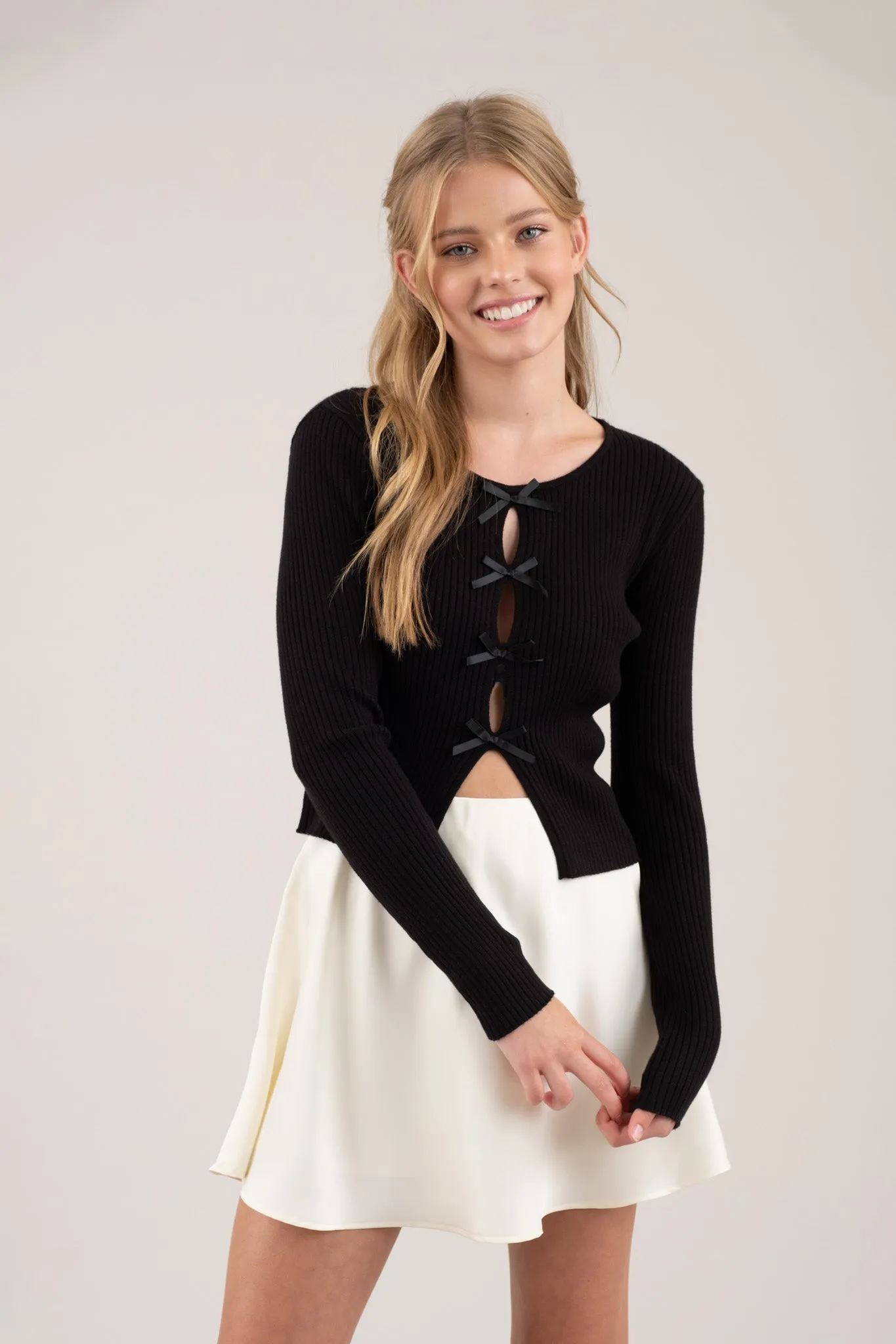 CUTOUT BOW DETAIL RIBBED KNIT CARDIGAN sold by Blu Pepper product image thumbnail 4