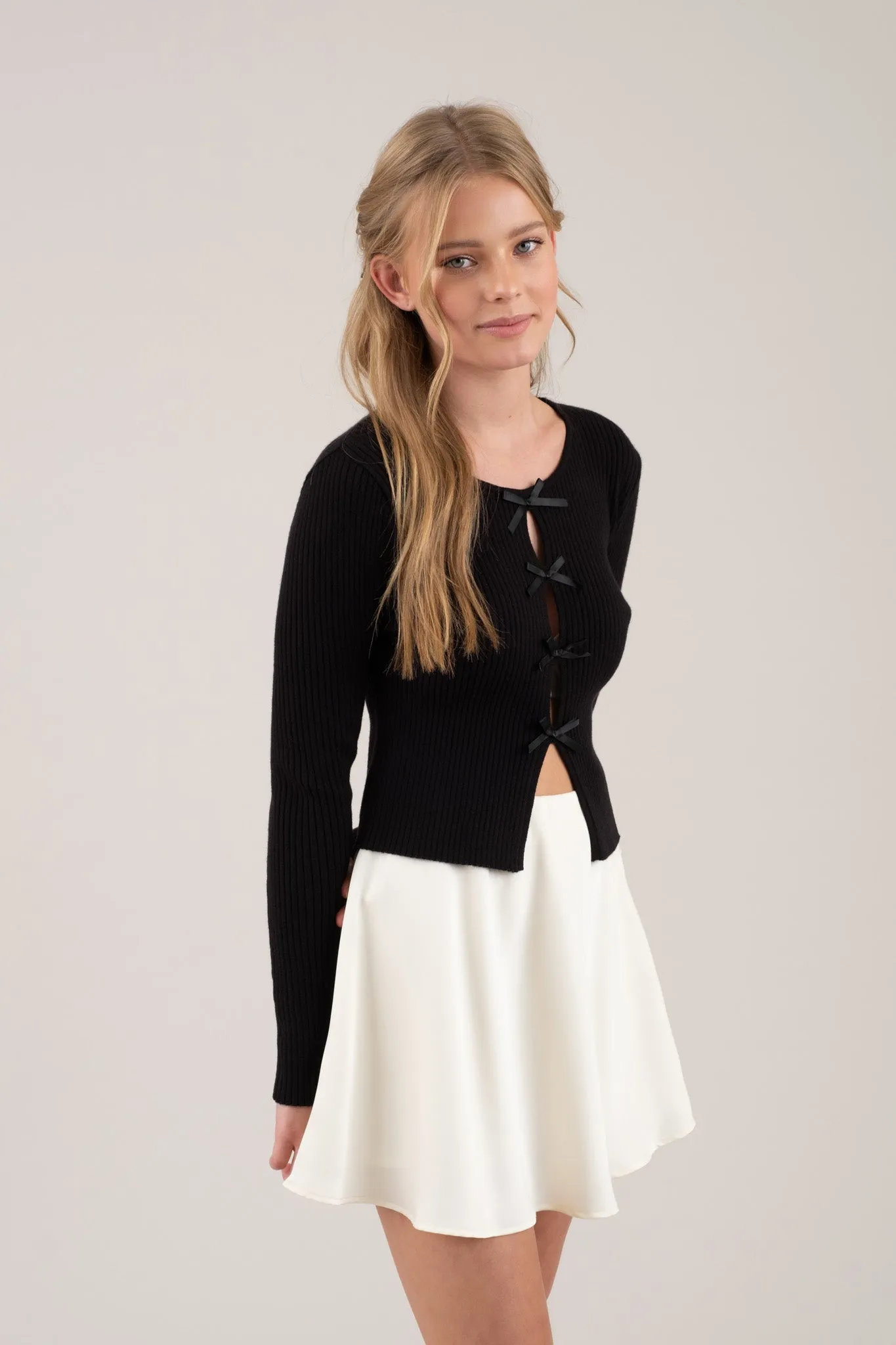 CUTOUT BOW DETAIL RIBBED KNIT CARDIGAN sold by Blu Pepper