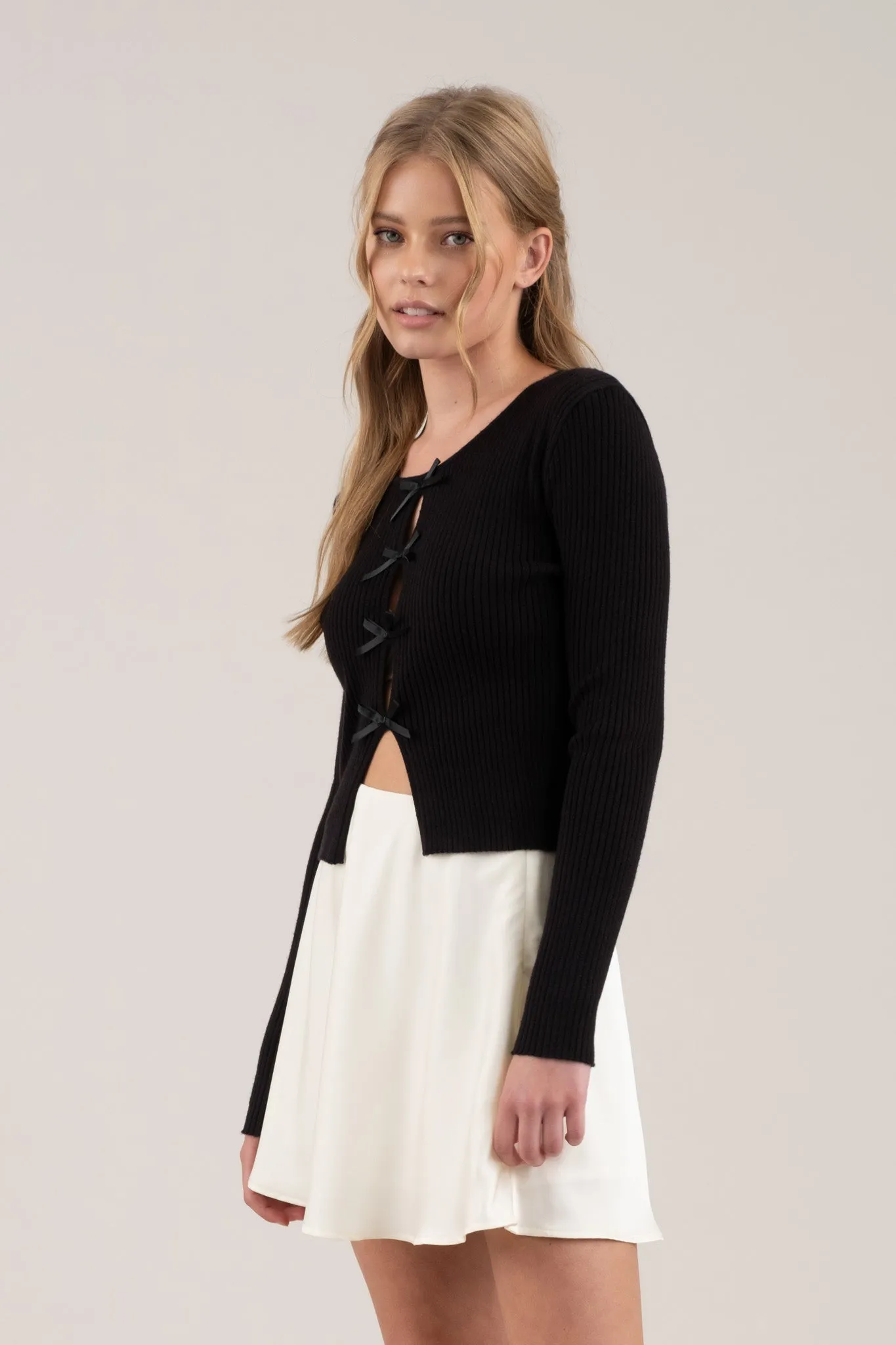 CUTOUT BOW DETAIL RIBBED KNIT CARDIGAN sold by Blu Pepper product image thumbnail 3