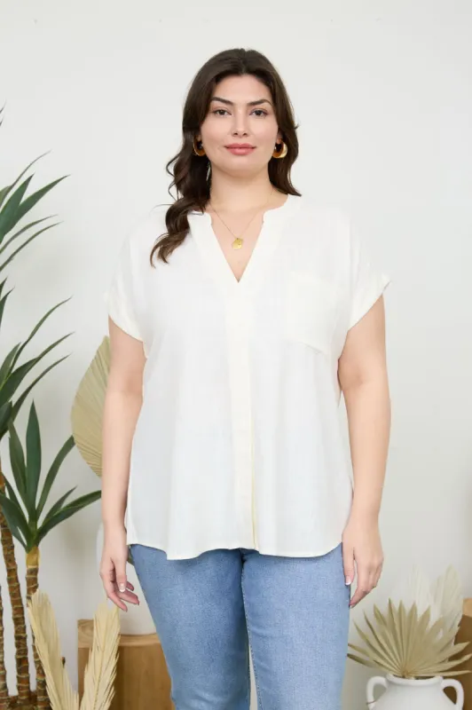 PLUS BACK BUTTON SPLIT SHORT FOLD SLEEVE TOP sold by Blu Pepper