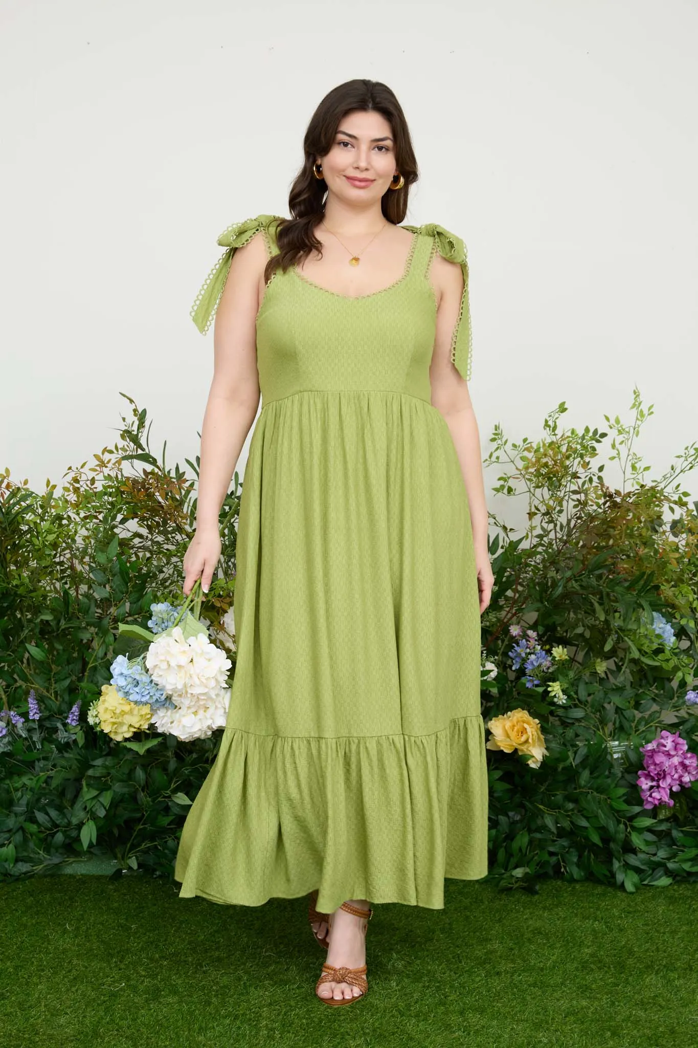 PLUS SCALLOP EYELET TRIM TIE STRAP MIDI DRESS sold by Blu Pepper product image thumbnail 5