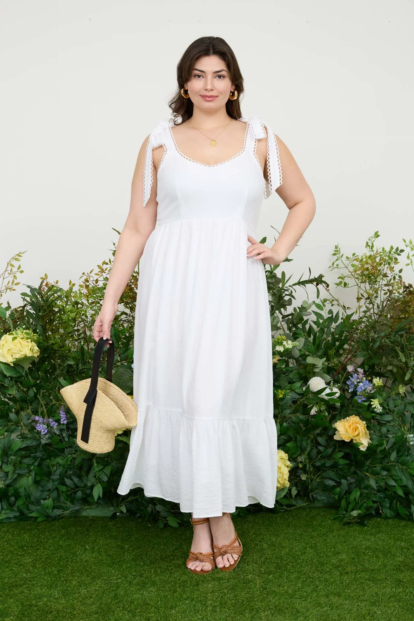 PLUS SCALLOP EYELET TRIM TIE STRAP MIDI DRESS sold by Blu Pepper