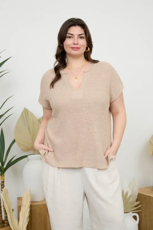 PLUS SPLIT NECK SHORT SLEEVE KNIT PULLOVER sold by Blu Pepper