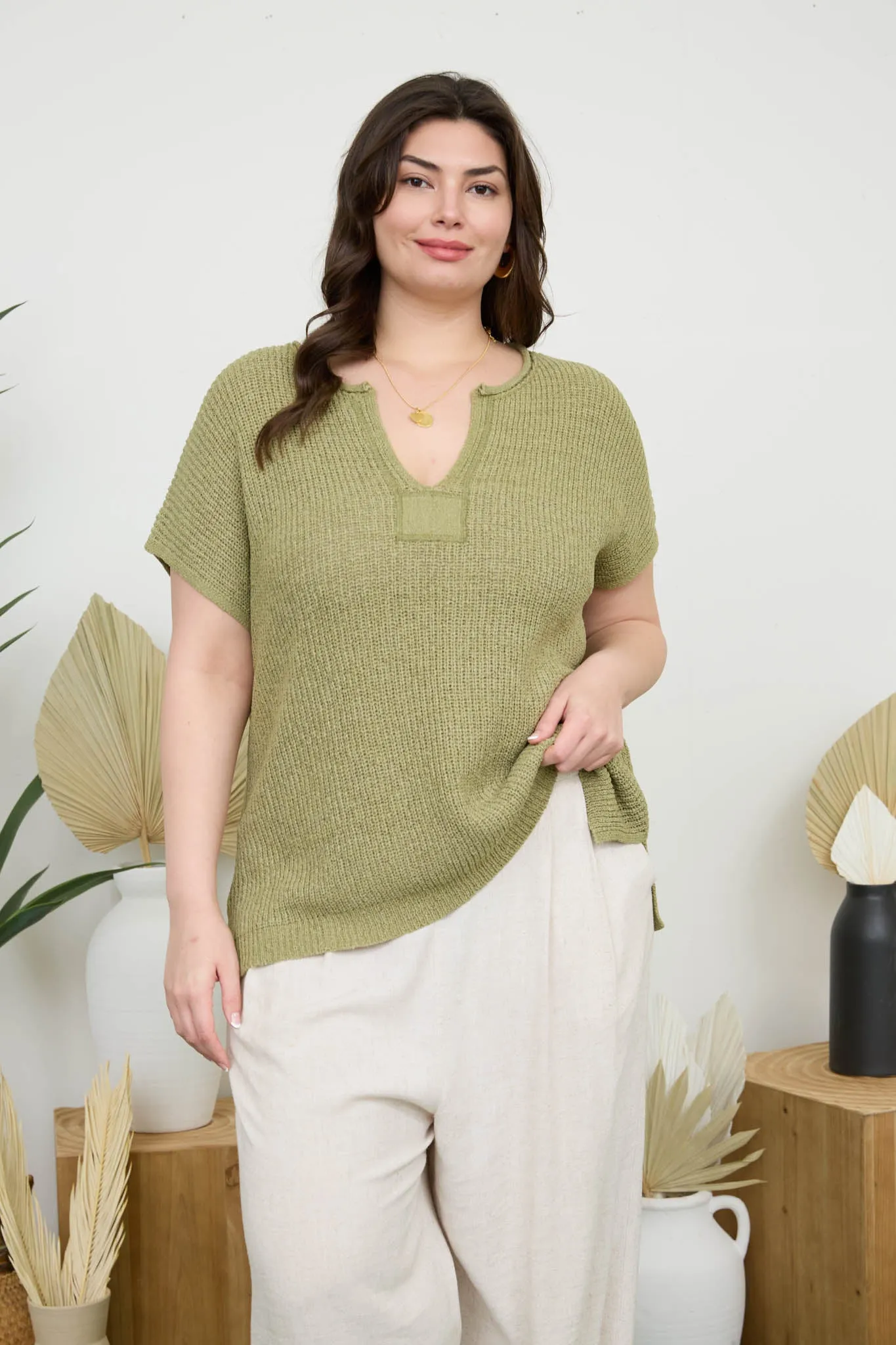 PLUS SPLIT NECK SHORT SLEEVE KNIT PULLOVER sold by Blu Pepper product image thumbnail 5