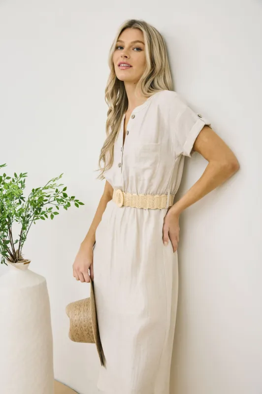 HALF BUTTON SHORT SLEEVE BELTED MIDI SHIRT DRESS sold by Blu Pepper