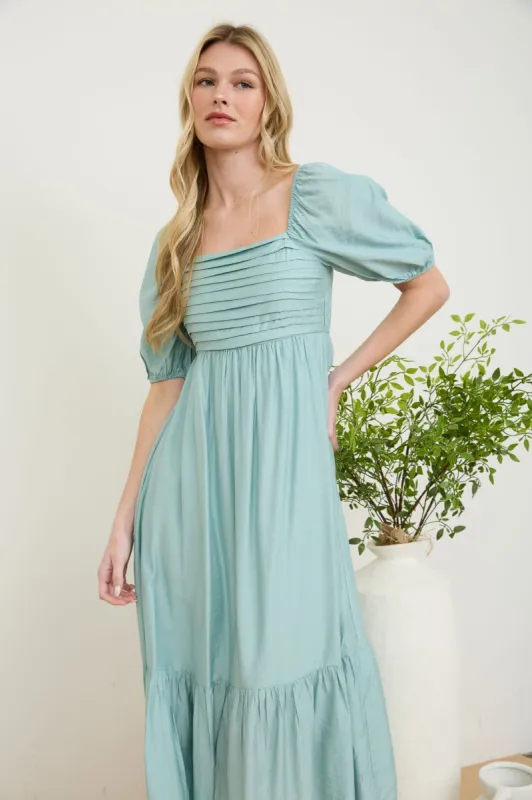 PLEATED EMPIRE WAIST PUFF SLEEVE MIDI DRESS sold by Blu Pepper