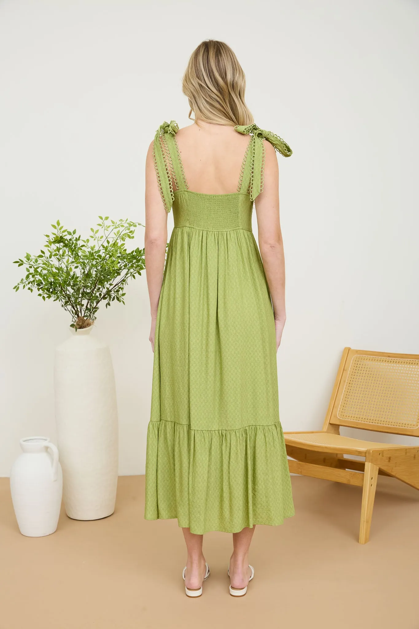 SCALLOP EYELET TRIM TIE STRAP MIDI DRESS sold by Blu Pepper product image thumbnail 2