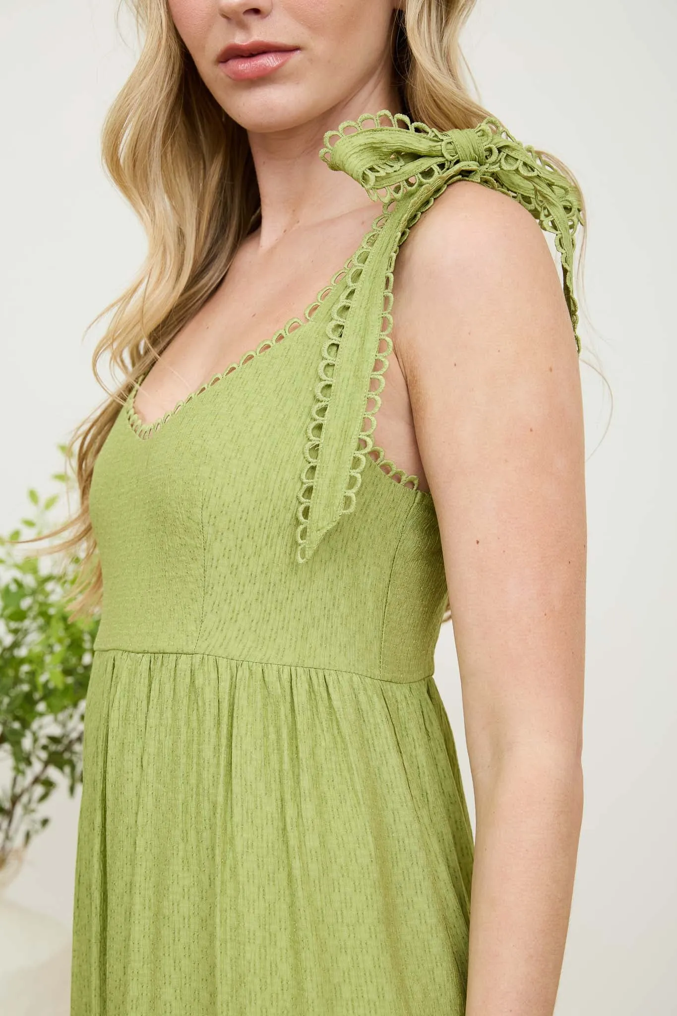 SCALLOP EYELET TRIM TIE STRAP MIDI DRESS sold by Blu Pepper product image thumbnail 4