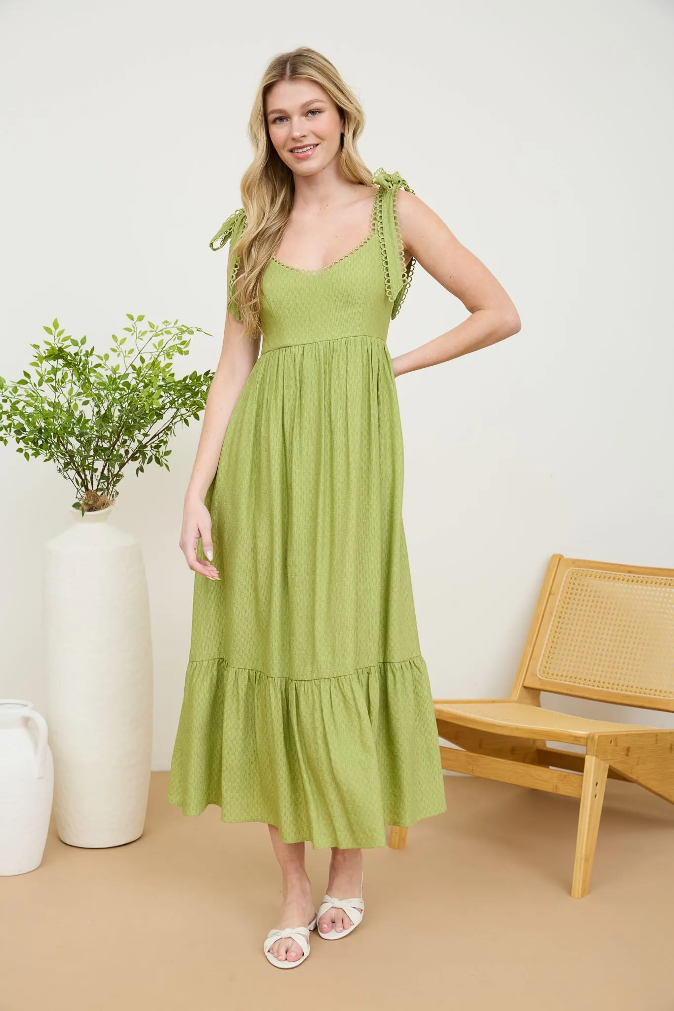 SCALLOP EYELET TRIM TIE STRAP MIDI DRESS sold by Blu Pepper product image thumbnail 5